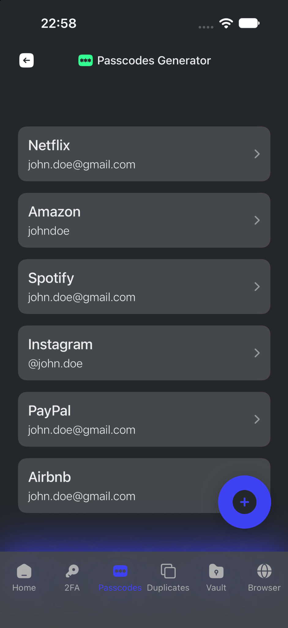 Passcodes Generator screen